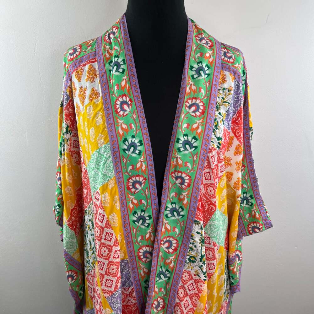 TOLANI Collection Raelyn Kimono Patchwork Open Front Colorful Boho Cardigan 1XP - Picture 3 of 10